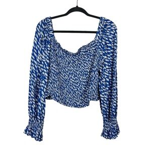 ELOQUII Smocked Crop Top Plus Size 22/24 Long Sleeve 3X Blue‎ & White 100% Rayon